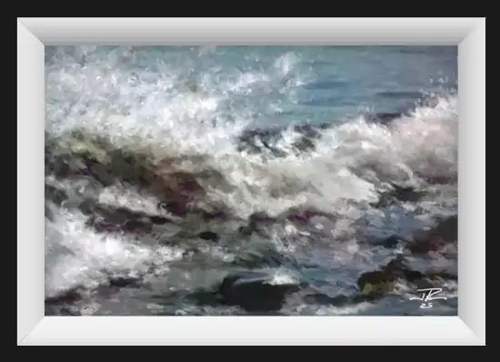 Seascape illustration, the ocean rolling over the rocks.