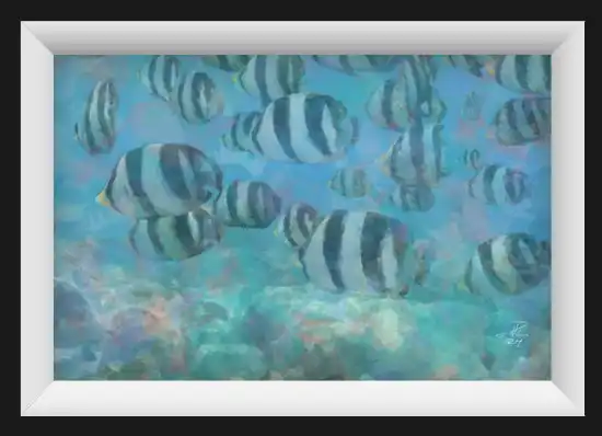 Seascape illustration, colorful fish swimming by.