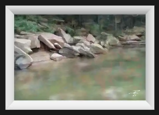 The Seasons illustration; water area with large rocks all around.