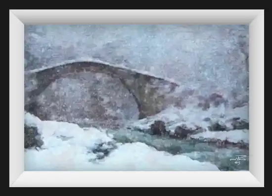 The Seasons illustration; winter scene of stream flowing under the bridge.